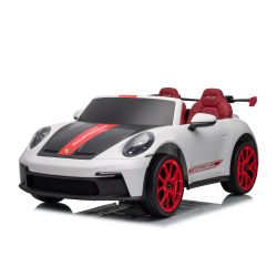 Elektromos gyermekautó Porsche 911 GT3 RS 24V 4x4 meghajtással, fehér, műbőr ülések, 2,4 GHz-es távirányító, USB/AUX bemenet, 200 W-os motorok, puha EVA kerekek, felfüggesztés, lítium akkumulátor, LED lámpák elöl és hátul, eredeti engedély
