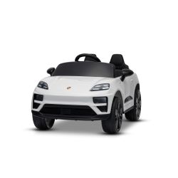 Elektromos Porsche Macan 12V gyerekautó hátsókerék-meghajtással és licenccel (egyszemélyes), fehér, lítium akkumulátorral, széles üléssel, rugózott tengelyekkel, 2,4 GHz-es távirányítóval, MP3-lejátszóval USB/AUX bemenettel, LED világítással