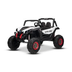 Elektromos kisautó NEW RSX 24V, fehér , 4x4 meghajtás, lítium akkumulátor, EVA kerekek, rugózott tengelyek, kétszemélyes műbőr ülés, távirányító, MP3 lejátszó USB/AUX bemenettel.