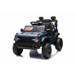 Elektromos kisautó Ford Bronco hátsókerék-meghajtással, licencelt (egyszemélyes), kék, lítium akkumulátorral, magas alvázzal, széles üléssel, lengéscsillapított felfüggesztéssel, 2,4 GHz-es távirányítóval, MP3 lejátszó USB bemenettel, LED világítás