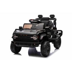 Elektromos kisautó Ford Bronco hátsókerék-meghajtással, licencelt (egyszemélyes), fekete, lítium akkumulátorral, magas alvázzal, széles üléssel, lengéscsillapított felfüggesztéssel, 2,4 GHz-es távirányítóval, MP3 lejátszó USB bemenettel, LED világítás