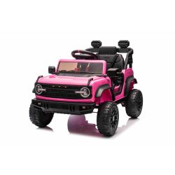 Elektromos kisautó Ford Bronco hátsókerék-meghajtással, licencelt (egyszemélyes), rózsaszín, lítium akkumulátorral, magas alvázzal, széles üléssel, lengéscsillapított felfüggesztéssel, 2,4 GHz-es távirányítóval, MP3 lejátszó USB bemenettel, LED világítás