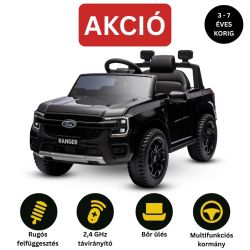 Elektromos játékautó FORD Ranger 12V, fekete, Bőrülés, 2,4 GHz-es távirányító, Bluetooth / USB bemenet, Lengéscsillapított felfüggesztés, 12V akkumulátor, Műanyag kerekek, 2x30 W MOTOR, EREDETI licenc