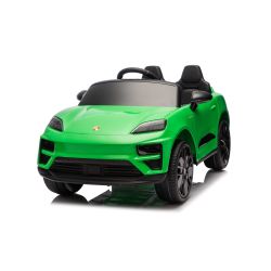 Elektromos Porsche Macan 12V gyerekautó hátsókerék-meghajtással és licenccel (egyszemélyes), zöld , lítium akkumulátorral, széles üléssel, rugózott tengelyekkel, 2,4 GHz-es távirányítóval, MP3-lejátszóval USB/AUX bemenettel, LED világítással