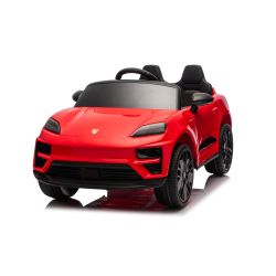 Elektromos Porsche Macan 12V gyerekautó hátsókerék-meghajtással és licenccel (egyszemélyes), piros, lítium akkumulátorral, széles üléssel, rugózott tengelyekkel, 2,4 GHz-es távirányítóval, MP3-lejátszóval USB/AUX bemenettel, LED világítással