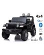 Elektromos kis autó JEEP Wrangler, Két ülés, fekete, Bőr ülés, Rádió Bluetooth lejátszóval, SD / USB bemenet, 4x4 meghajtó, 12V10Ah akkumulátor, EVA kerekek, lengéscsillapított kerekek, 2,4 GHz távirányító