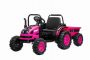 Elektromos POWER traktor utánfutóval, rózsaszín, Hátsó kerék meghajtás, 12V akkumulátor, Műanyag kerekek, széles ülés, 2,4 GHz-es távirányító, Egyszemélyes, MP3 lejátszó, LED világítás