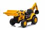 Licencelt elektromos Caterpillar markológép dönthető és ásókanállal, egyszemélyes, sárga, USB csatlakozóval MP3 lejátszóhoz, hátsókerék-meghajtással, 2 x 30W-os motorral és lítium akkumulátorral.