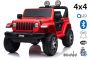 Elektromos kis autó JEEP Wrangler, Két ülés, piros, Bőr ülés, Rádió Bluetooth lejátszóval, SD / USB bemenet, 4x4 meghajtó, Lítium akkumulátor, EVA kerekek, lengéscsillapított kerekek, 2,4 GHz távirányító