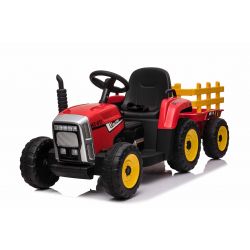 Elektromos traktor WORKERS utánfutóval, piros, Hátsó kerék meghajtás, 12 V-os akkumulátor, műanyag kerekek, széles műanyag ülés, 2,4 GHz-es távirányító, egyszemélyes, MP3 lejátszó USB bemenettel, Bluetooth, LED-es világítás