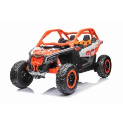 Can-am Maverick Elektromos autó, narancssárga, kétüléses, első és hátsó rugózással, 2,4 Ghz-es távirányító, hordozható akkumulátor, 4 x 35 W-os motorok, EVA kerekek, műbőrülések, MP3 lejátszó USB/SD bemenettel, eredeti licenc