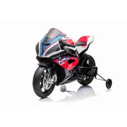 Elektromos Motor BMW HP4 RACE 12V, piros, Eredeti licenc, Segéd kerekek, Puha EVA kerekek, 2 x 35W motor, Rugózott kerekek, fém váz, fém villa