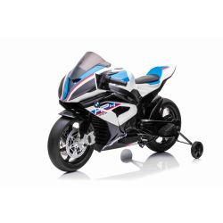 Elektromos Motor BMW HP4 RACE 12V, fehér, Eredeti licenc, Segéd kerekek, Puha EVA kerekek, 2 x 35W motor, Rugózott kerekek, fém váz, fém villa