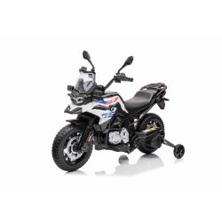 BMW F850 GS elektromos motor, eredeti licenc, 12V akku, EVA soft kerekek, 2 x 35W motor, LED lámpák, Segéd kerekek, fehér