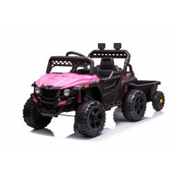 RSX mini  Elektromos játékautó utánfutóval, rózsaszín, Hátsó kerékmeghajtás, 12 V-os akkumulátor, Műanyag kerekek, széles ülés, 2,4 GHz-es távirányító, egyszemélyes, MP3 lejátszó USB bemenettel, LED-es világítás
