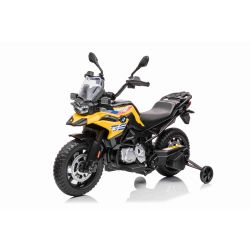 BMW F850 GS elektromos motor, eredeti licenc, 12V akku, EVA soft kerekek, 2 x 35W motor, LED lámpák, Segéd kerekek, sárga