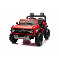 Elektromos kisautó Ford Bronco XL hátsókerék-meghajtással, licencelt (kétüléses), piros, lítium akkumulátor, magas alváz, két ülés, lengéscsillapított felfüggesztéssel, 2,4 GHz-es távirányító, MP3 lejátszó USB bemenettel, LED világítás