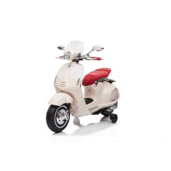 Vespa 946 elektromos motorkerékpár hátramenettel, fehér, segédkerekekkel, Licencelt, 2x 6V Akku, 2x 30W Motor, Bőr ülés, MP3 lejátszó USB bemenettel