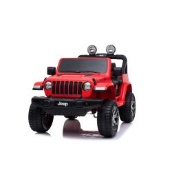 Elektromos kis autó JEEP Wrangler, Két ülés, piros, Bőr ülés, Rádió Bluetooth lejátszóval, SD / USB bemenet, 4x4 meghajtó, Lítium akkumulátor, EVA kerekek, lengéscsillapított kerekek, 2,4 GHz távirányító