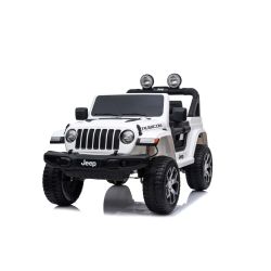 Elektromos kis autó JEEP Wrangler, Két ülés, Fehér, Bőr ülés, Rádió Bluetooth lejátszóval, SD / USB bemenet, 4x4 meghajtó, Lítium akkumulátor, EVA kerekek, lengéscsillapított kerekek, 2,4 GHz távirányító
