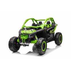 Can-am Maverick Elektromos autó, zöld, kétüléses, első és hátsó rugózással, 2,4 Ghz-es távirányító, hordozható akkumulátor, 4 x 35 W-os motorok, EVA kerekek, műbőrülések, MP3 lejátszó USB/SD bemenettel, eredeti licenc
