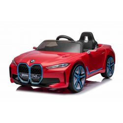 BMW i4 Elektromos játékautó ,piros, 2,4 GHz-es  távirányító, USB / AUX / Bluetooth csatlakozás, lengéscsillapított hátsó felfüggesztés , 12V akkumulátor, LED világítás, 2 X MOTOR, EREDETI licensz