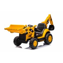 Licencelt elektromos Caterpillar markológép dönthető és ásókanállal, egyszemélyes, sárga, USB csatlakozóval MP3 lejátszóhoz, hátsókerék-meghajtással, 2 x 30W-os motorral és lítium akkumulátorral.