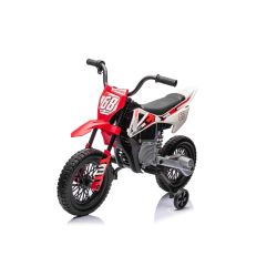 Elektromos Motorkerékpár MOTOCROSS, piros, 12V-os akkumulátor, EVA puha kerekek, Bőrülés, 2 x 25 W-os Motor, Lengéscsillapított felfüggesztés, Fém váz, Bluetooth-os MP3 lejátszó, segédkerekek