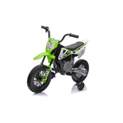 Elektromos Motorkerékpár MOTOCROSS, zöld, 12V-os akkumulátor, EVA puha kerekek, Bőrülés, 2 x 25 W-os Motor, Lengéscsillapított felfüggesztés, Fém váz, Bluetooth-os MP3 lejátszó, segédkerekek