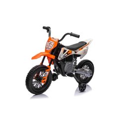 Elektromos Motorkerékpár MOTOCROSS, narancssárga, 12V-os akkumulátor, EVA puha kerekek, Bőrülés, 2 x 25 W-os Motor, Lengéscsillapított felfüggesztés, Fém váz, Bluetooth-os MP3 lejátszó, segédkerekek