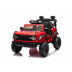 Elektromos kisautó Ford Bronco hátsókerék-meghajtással, licencelt (egyszemélyes), piros, lítium akkumulátorral, magas alvázzal, széles üléssel, lengéscsillapított felfüggesztéssel, 2,4 GHz-es távirányítóval, MP3 lejátszó USB bemenettel, LED világítás