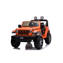 Elektromos kis autó JEEP Wrangler, Két ülés, Narancssárga, Bőr ülés, Rádió Bluetooth lejátszóval, SD / USB bemenet, 4x4 meghajtó, Lítium akkumulátor, EVA kerekek, lengéscsillapított kerekek, 2,4 GHz távirányító
