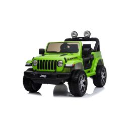 Elektromos kis autó JEEP Wrangler, Két ülés, Zöld, Bőr ülés, Rádió Bluetooth lejátszóval, SD / USB bemenet, 4x4 meghajtó, Lítium akkumulátor, EVA kerekek, lengéscsillapított kerekek, 2,4 GHz távirányító