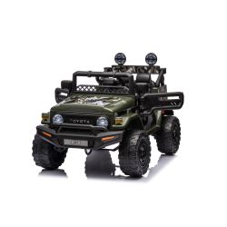 Elektromos gyermek autó TOYOTA FJ CRUISER hátsó kerék meghajtással, zöld, 12V-os akkumulátor, magas felfüggesztés ,széles ülés, lengéscsillapított hátsó felfüggesztés, LED lámpák, 2,4 GHz távirányító, MP3 lejátszó USB/AUX bemenettel,  Eredeti liszensz