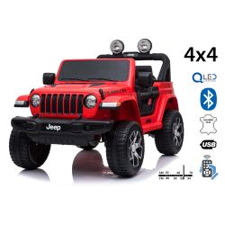 Elektromos kis autó JEEP Wrangler, Két ülés, piros, Bőr ülés, Rádió Bluetooth lejátszóval, SD / USB bemenet, 4x4 meghajtó, 12V10Ah akkumulátor, EVA kerekek, lengéscsillapított kerekek, 2,4 GHz távirányító